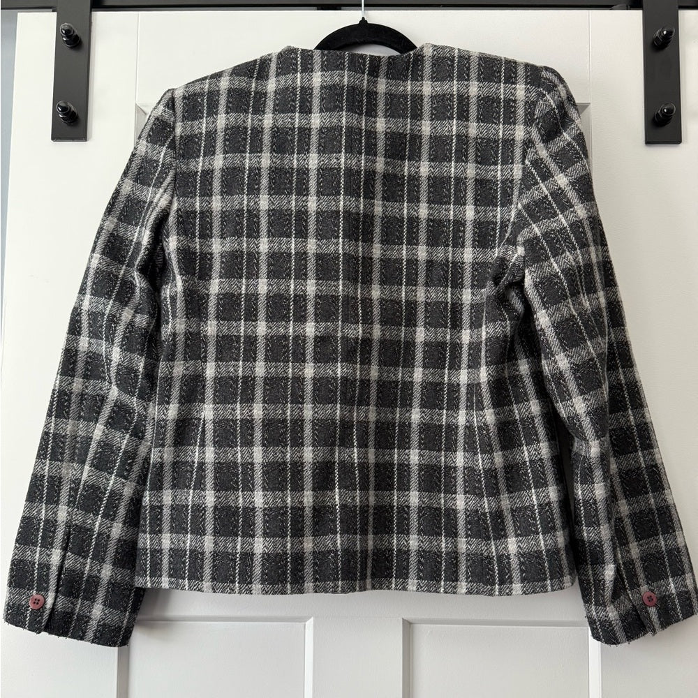Vintage Bagatelle Black and Gray Plaid Wool Blazer With Pink Buttons Size 10