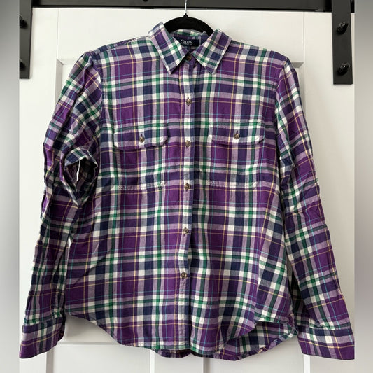 Chaps Ralph Lauren Purple and Green Plaid Button—Down Shirt Petite Large