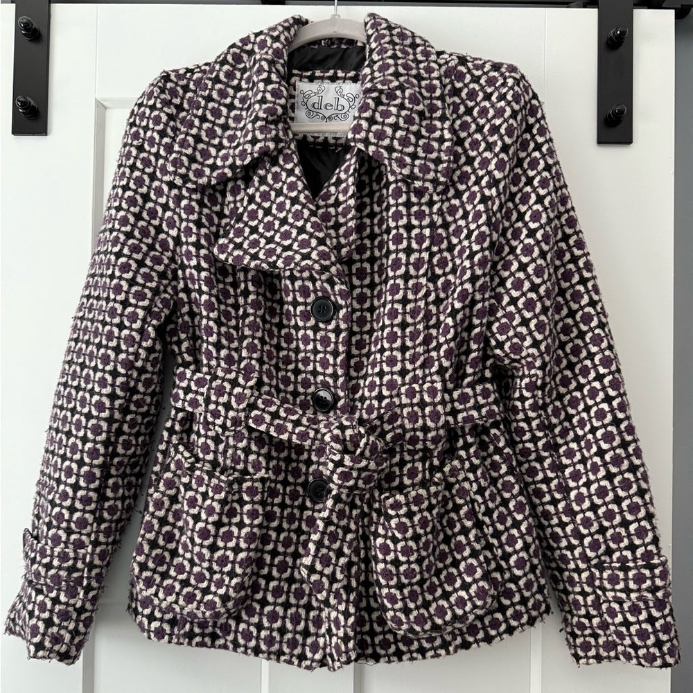 Deb Women's Purple, Navy Blue and White Wool-Blend Pea Coat Ladies Sz Large