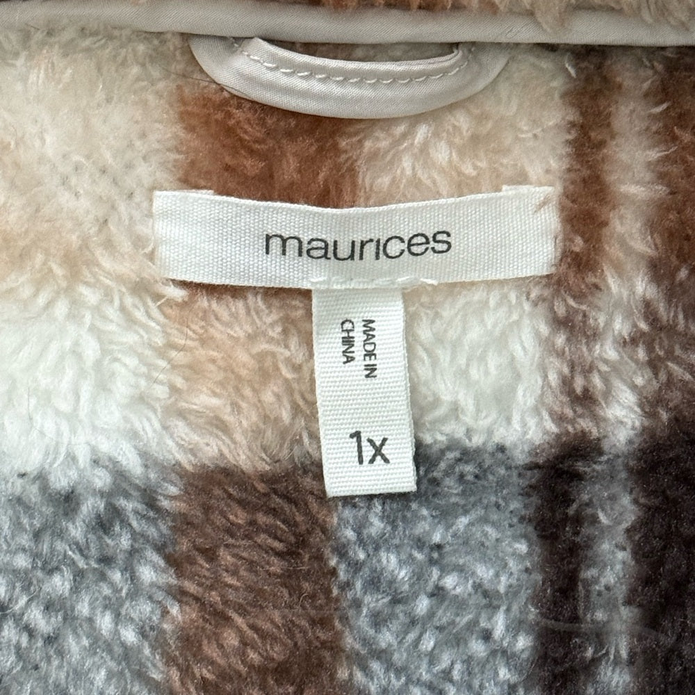 Maurices Soft Brown and Tan Fleece Plaid Teddy Jacket Women’s Size 1X