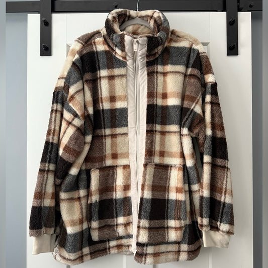 Maurices Soft Brown and Tan Fleece Plaid Teddy Jacket Women’s Size 1X