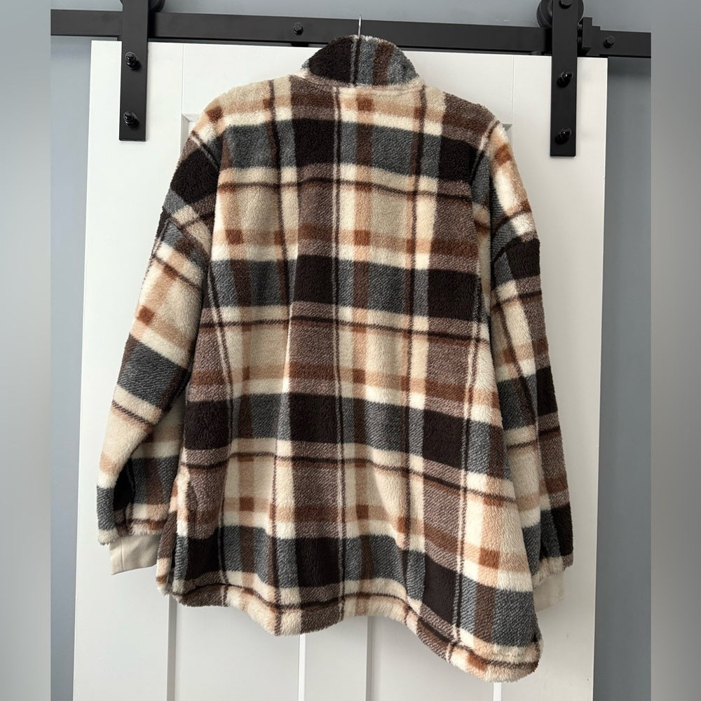 Maurices Soft Brown and Tan Fleece Plaid Teddy Jacket Women’s Size 1X