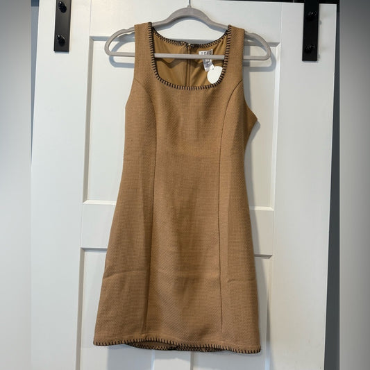 TCEC Tan Textured Mini Dress With Black Whip-Stitch Details Ladies Sz Small