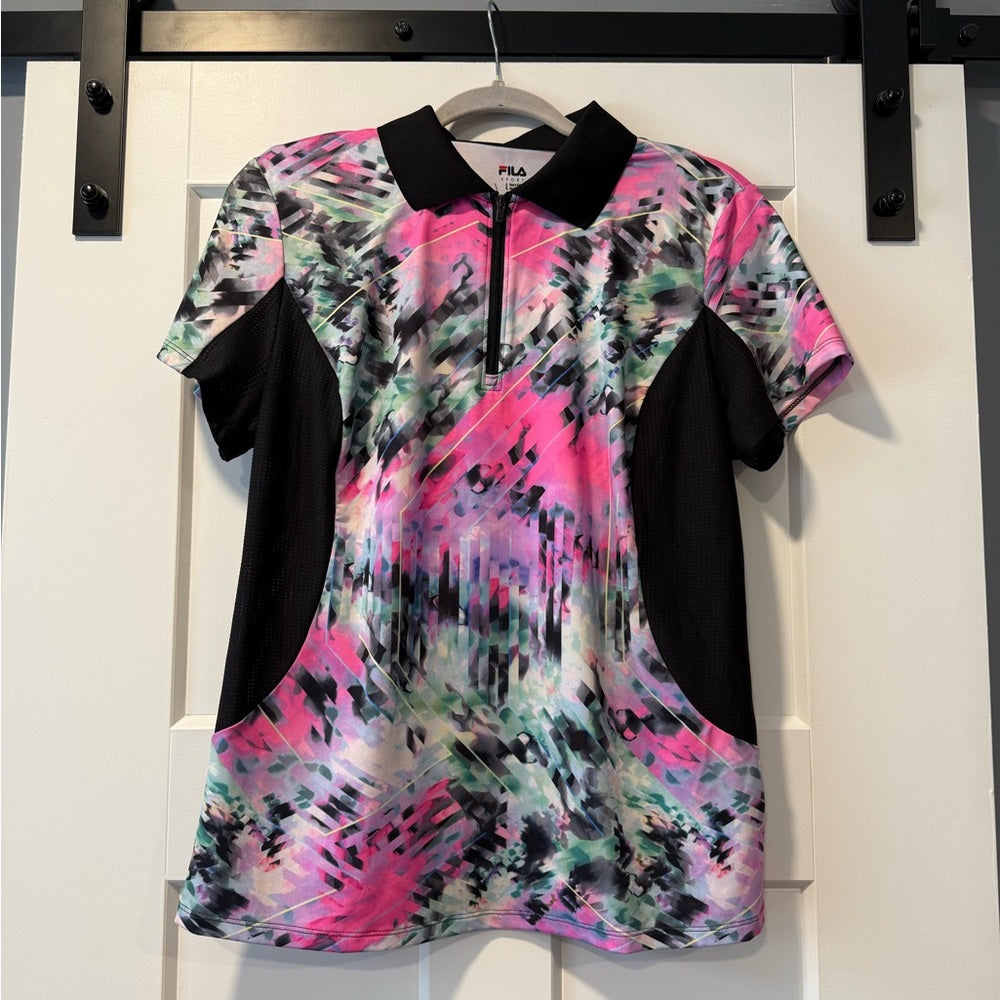 Fila Pink and Black Zip-Up Polo Sports Shirt Ladies Size Large