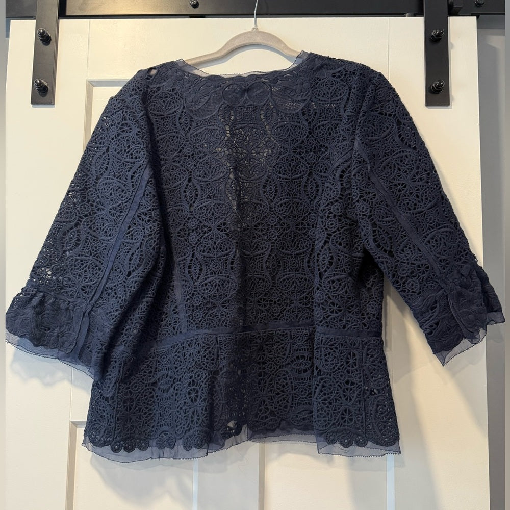 Peter Nygard Navy Blue Open-Work Lace Layering Jacket Ladies Size 16