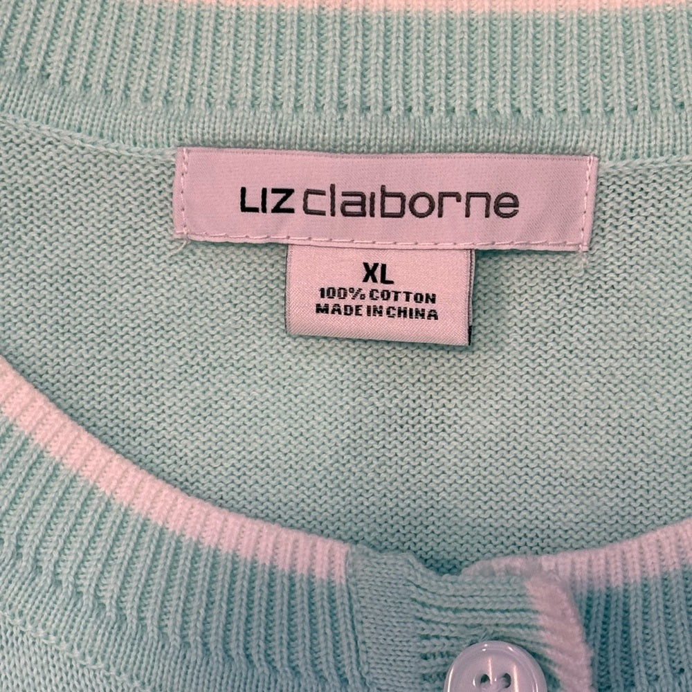 Liz Claiborne Light Mint Green With White Cardigan Sweater Ladies Size XL
