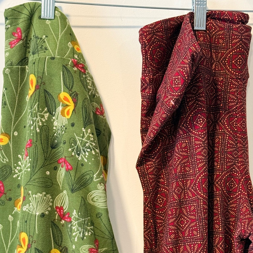 LuLaRoe 2 Pairs Floral Green and Geometric Red Leggings Long and Curvy