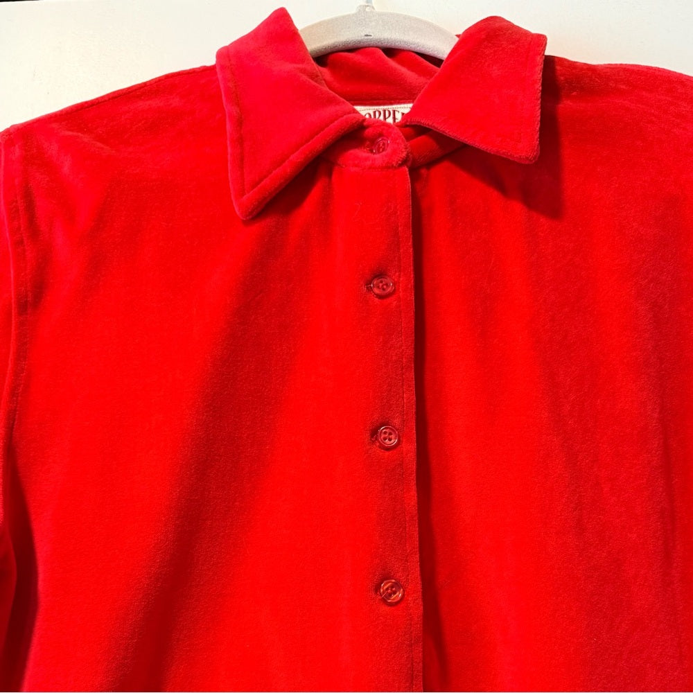 Vintage Copper Key Vibrant Red Velour Button-Front Shirt Ladies Size Large