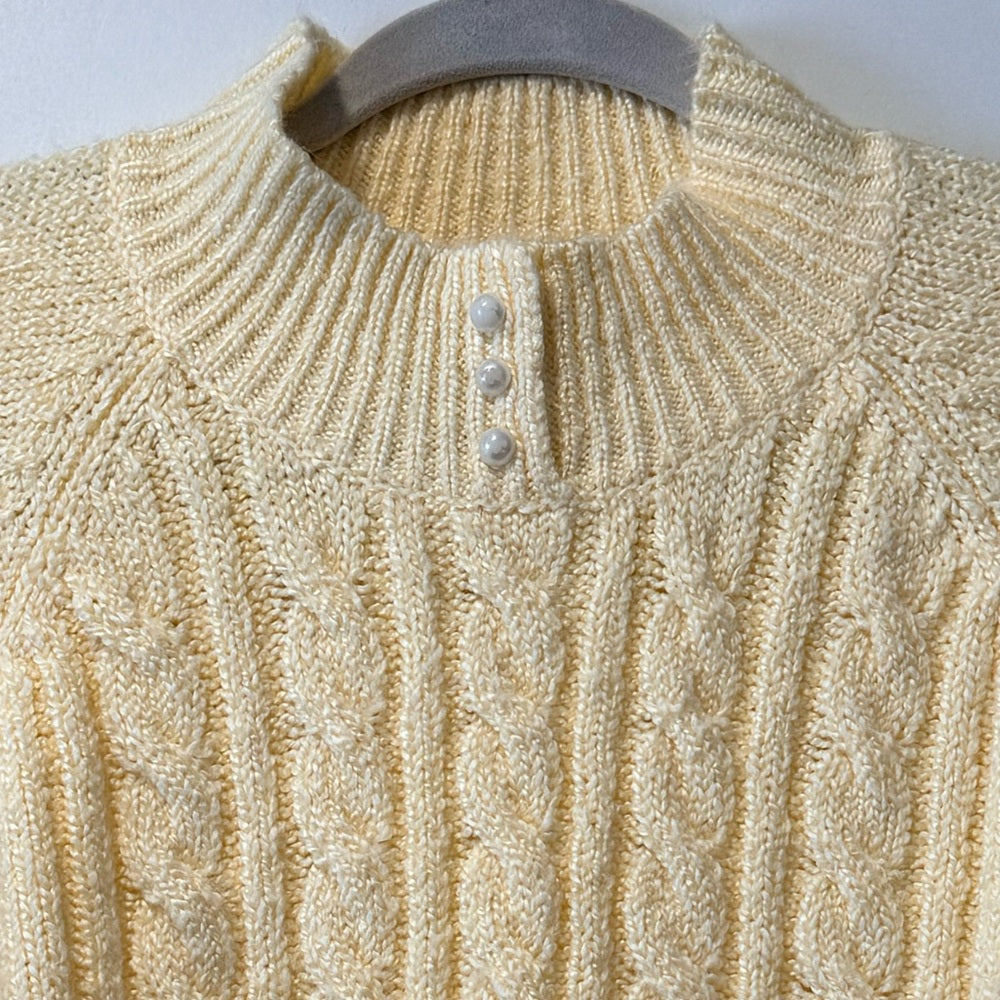 Vintage Karen Scott Soft Yellow Cable Knit Sweater w/ Pearl Accents Size Large