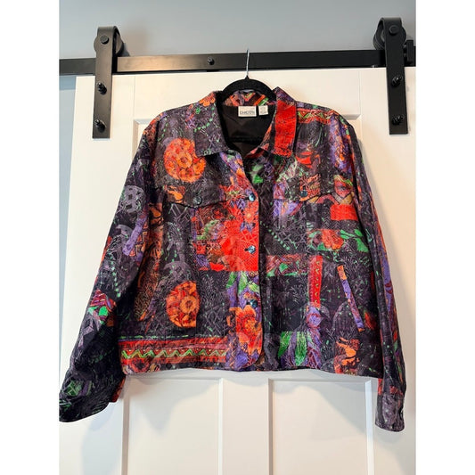 Vintage Chico's Floral Print Linen & Silk Blend Floral Jacket Women's Size 2