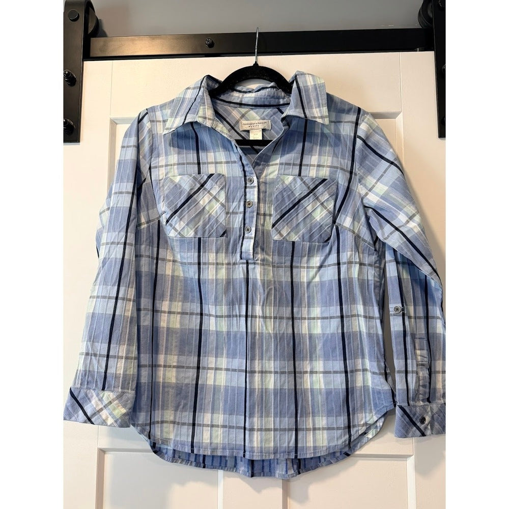 Cute Christopher & Banks Plaid Stretch Pullover Top Ladies Petite Medium