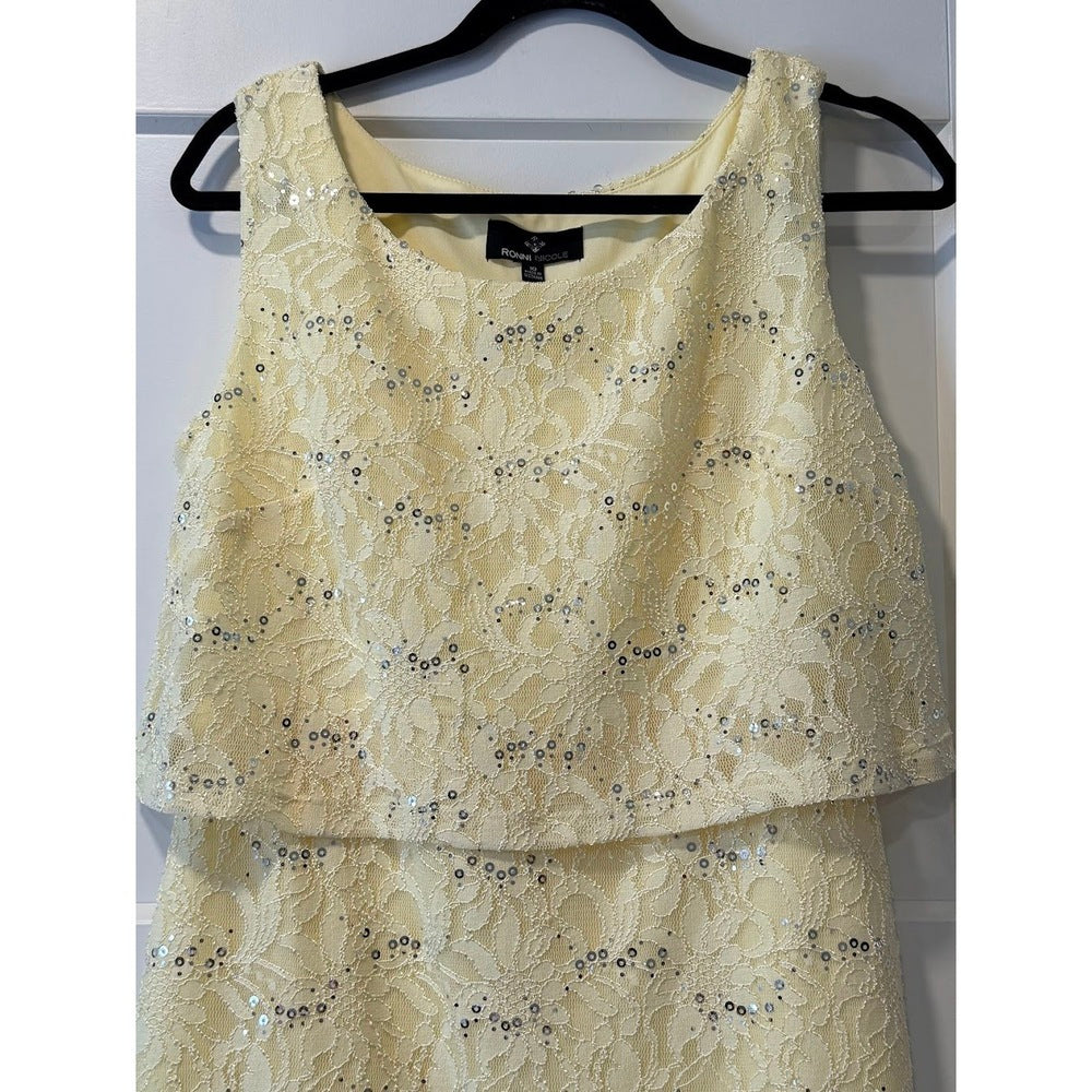 Fancy Ronni Nicole Pastel Yellow Dress With Lace and Sequins Ladies Size 10