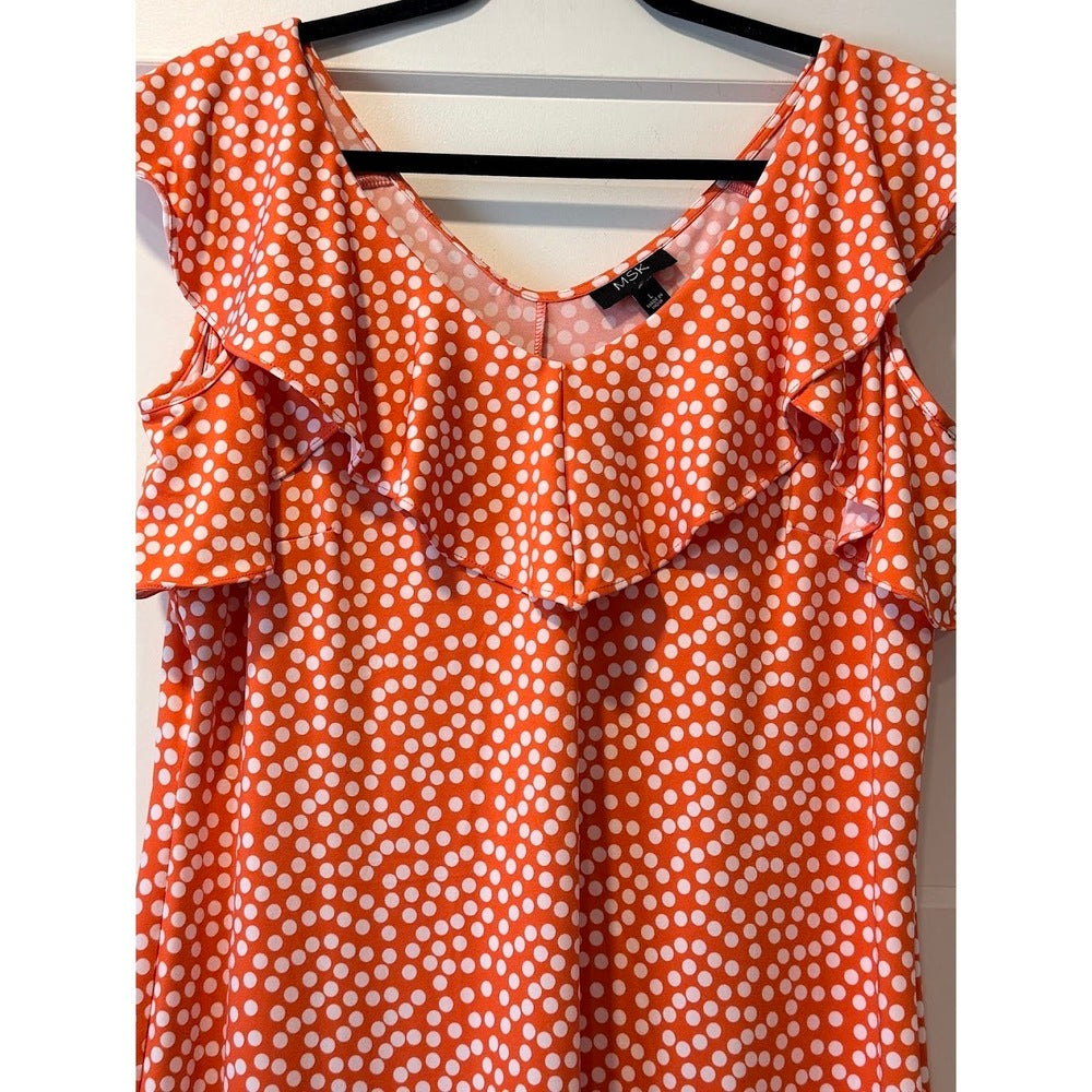 Fun & Vibrant MSK Polka Dot Ruffle Sleeve Dress in Coral Ladies Sz Large