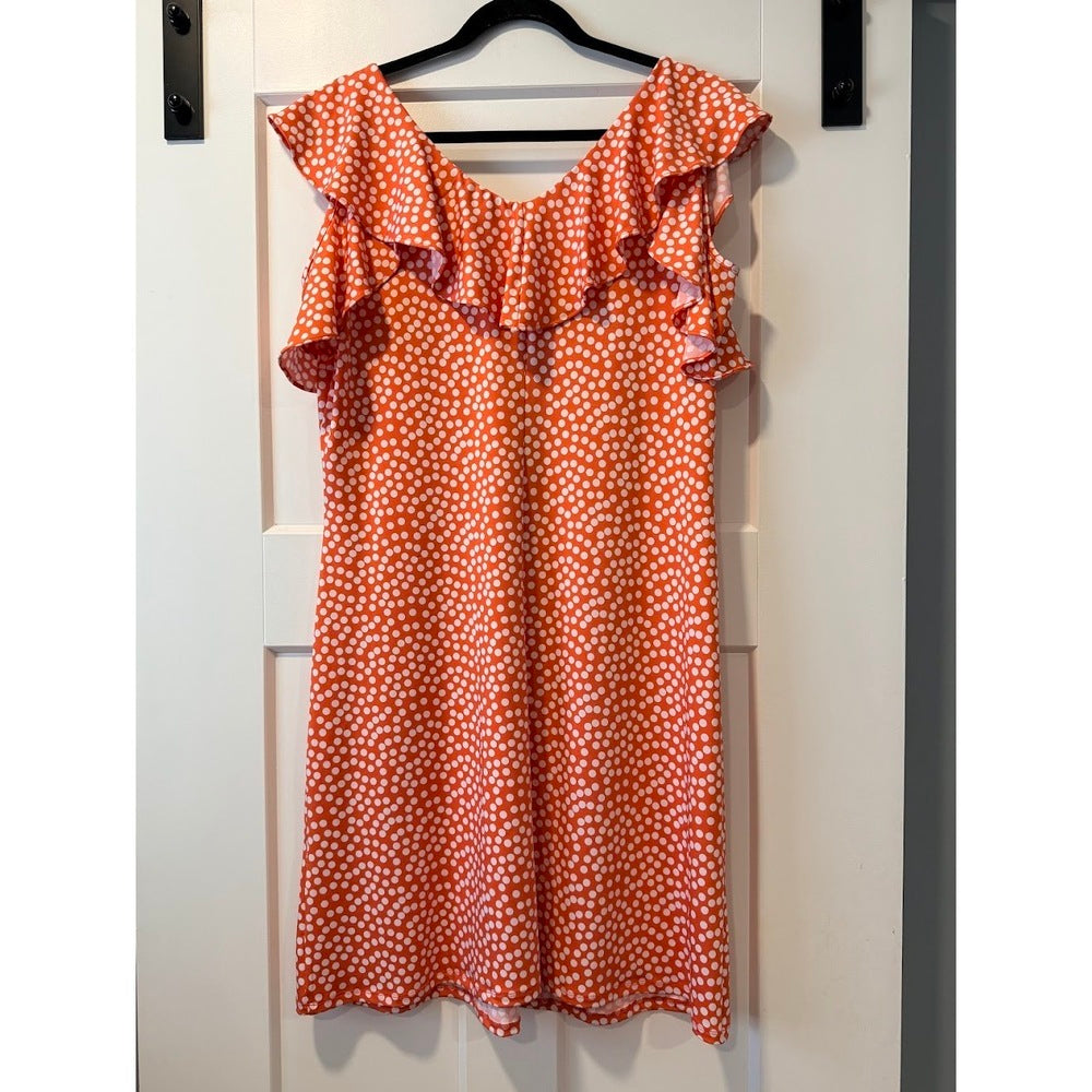 Fun & Vibrant MSK Polka Dot Ruffle Sleeve Dress in Coral Ladies Sz Large