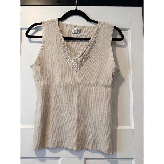 Vintage Chico's Tan Sweater Tank Top With Floral Lace Ladies Size Medium