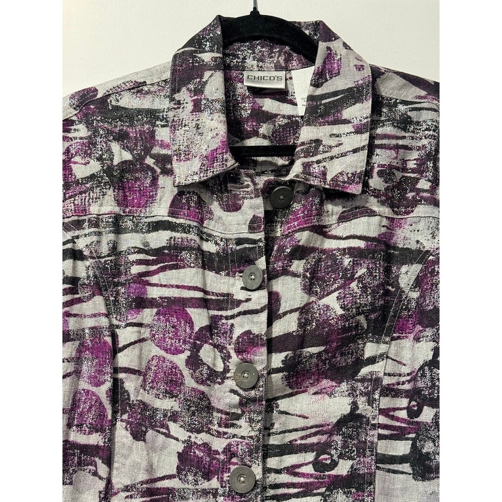 On Trend Chico's Purple & Silver Linen Jacket Ladies Size 3 (X-Large)