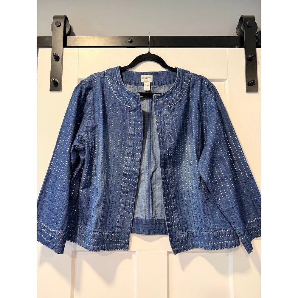 Chico's Denim Jacket With Ombre Blue & Silver Sequins Ladies Sz 3 (X-Large)