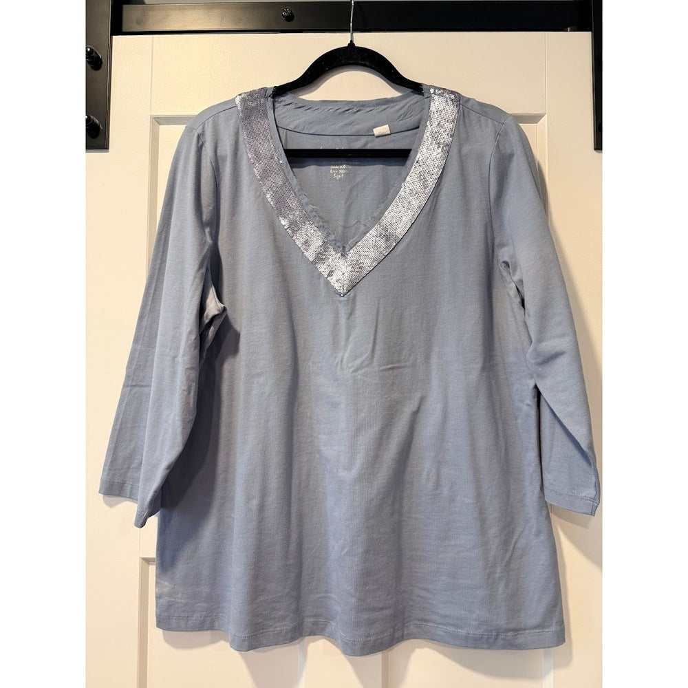 Chico's Sequin V-Neck Blue Knit Tunic Tee Ladies Size 3 (X-Large)