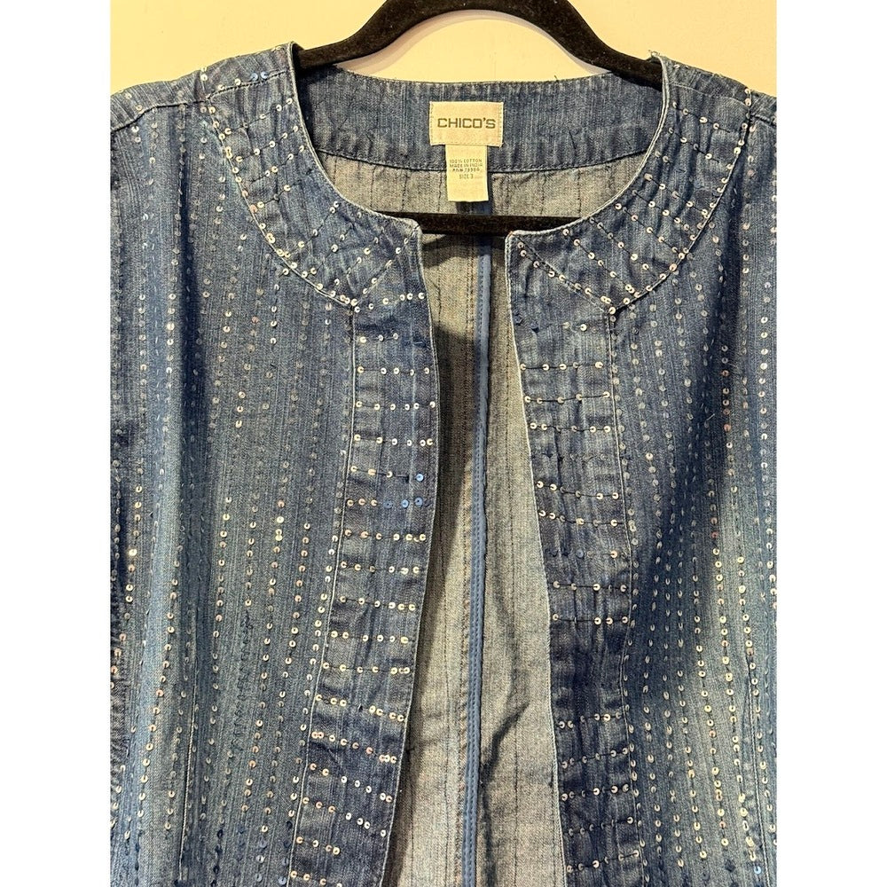 Chico's Denim Jacket With Ombre Blue & Silver Sequins Ladies Sz 3 (X-Large)