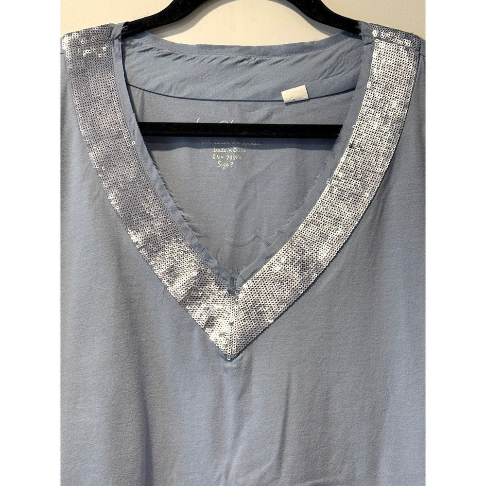 Chico's Sequin V-Neck Blue Knit Tunic Tee Ladies Size 3 (X-Large)