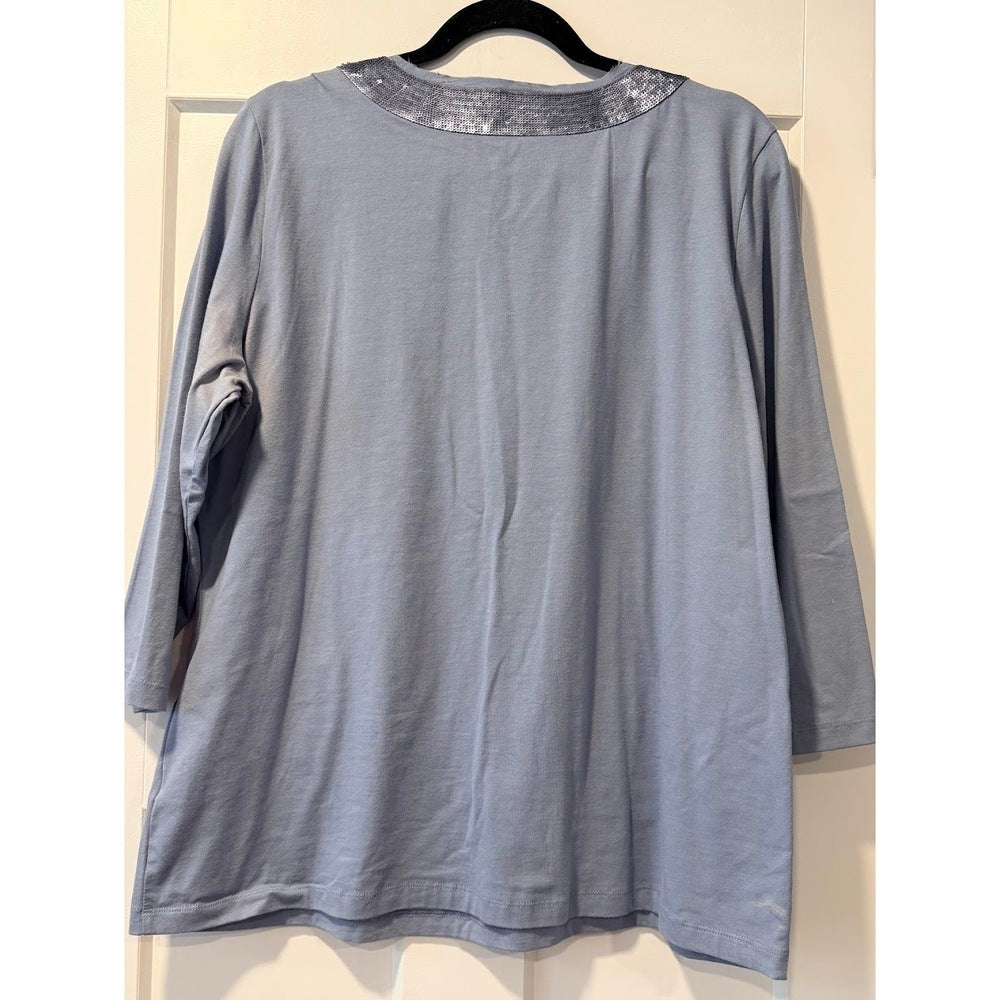 Chico's Sequin V-Neck Blue Knit Tunic Tee Ladies Size 3 (X-Large)