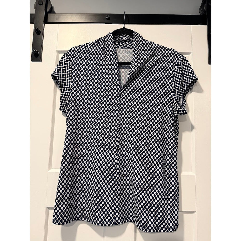 Navy Blue & White Geometric Polyester Knit Blouse by Grace Ladies Sz Large