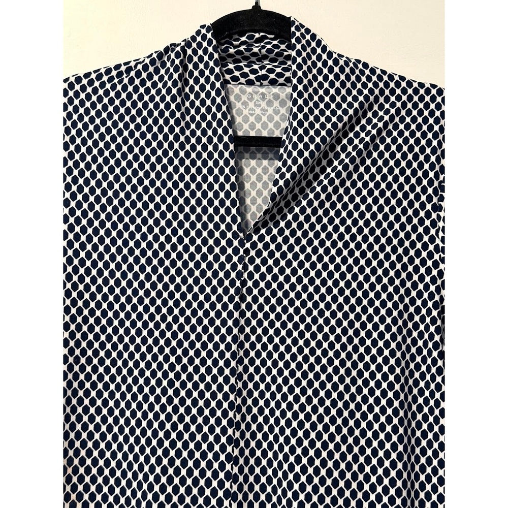 Navy Blue & White Geometric Polyester Knit Blouse by Grace Ladies Sz Large