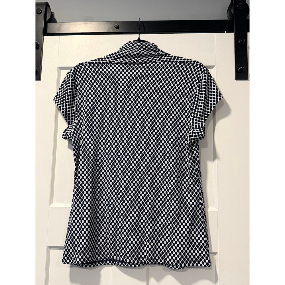 Navy Blue & White Geometric Polyester Knit Blouse by Grace Ladies Sz Large