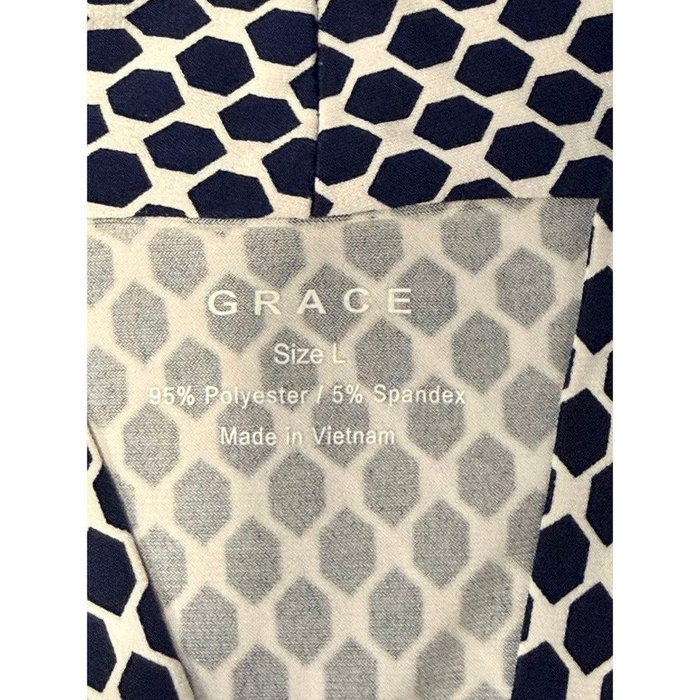 Navy Blue & White Geometric Polyester Knit Blouse by Grace Ladies Sz Large