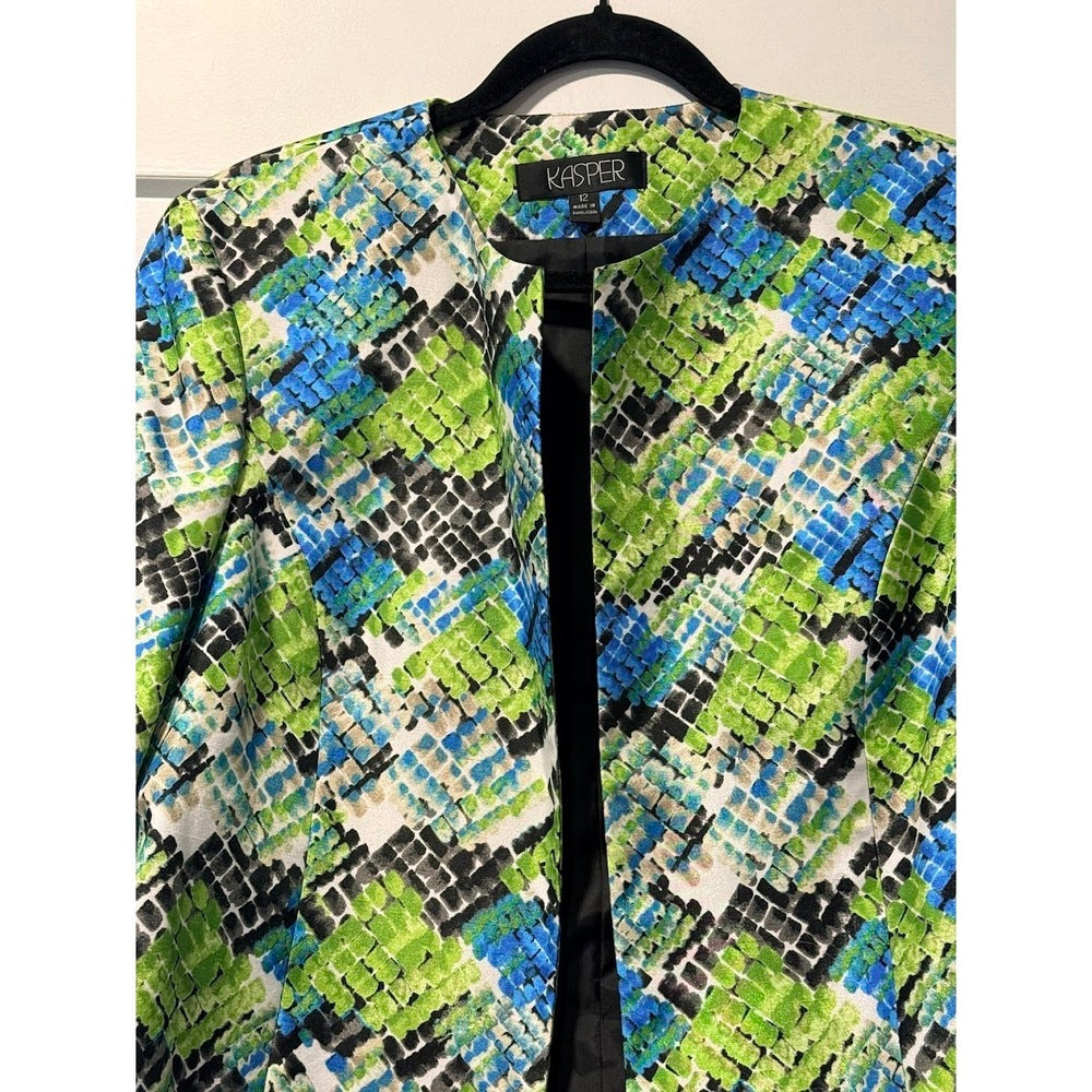 Kasper Dressy Blue & Green Geometric Blazer Jacket Ladies Size 12