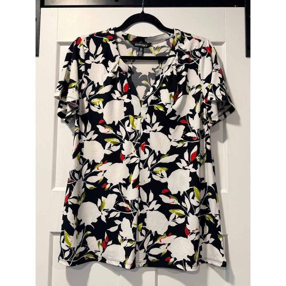 Ellen Tracy Floral Polyester Knit Tunic Blouse Ladies Size Small