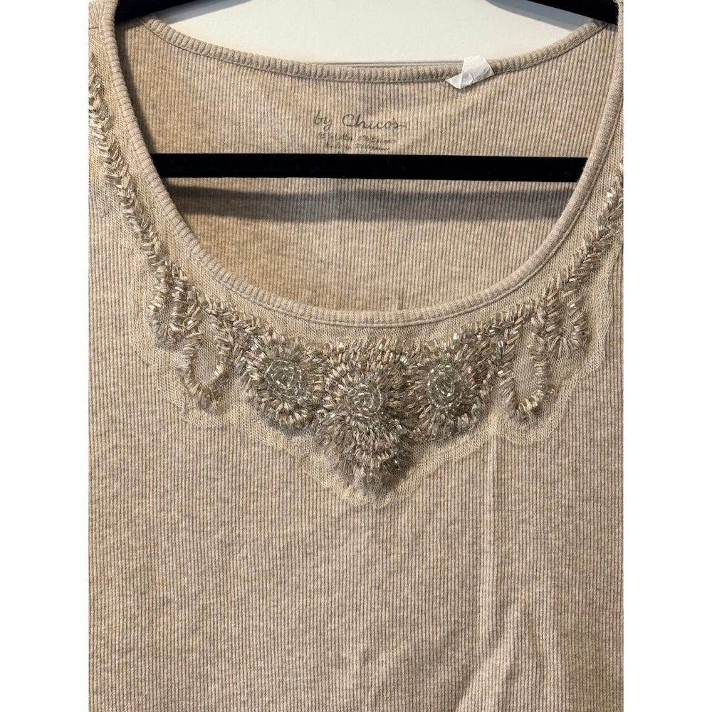 Chico's Beaded Embellished Ribbed Tan Tank Top Ladies Size 3 (Large)