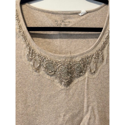 Chico's Beaded Embellished Ribbed Tan Tank Top Ladies Size 3 (Large)