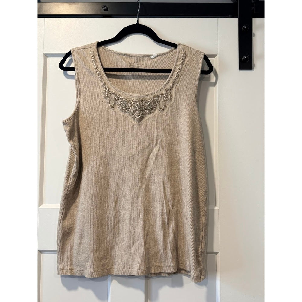 Chico's Beaded Embellished Ribbed Tan Tank Top Ladies Size 3 (Large)