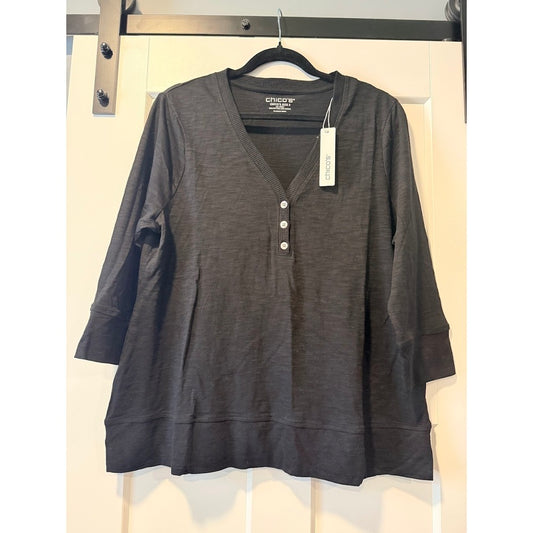 NWT Chico's 3/4 Sleeve Black V-Neck Henley Size 2 (Large)