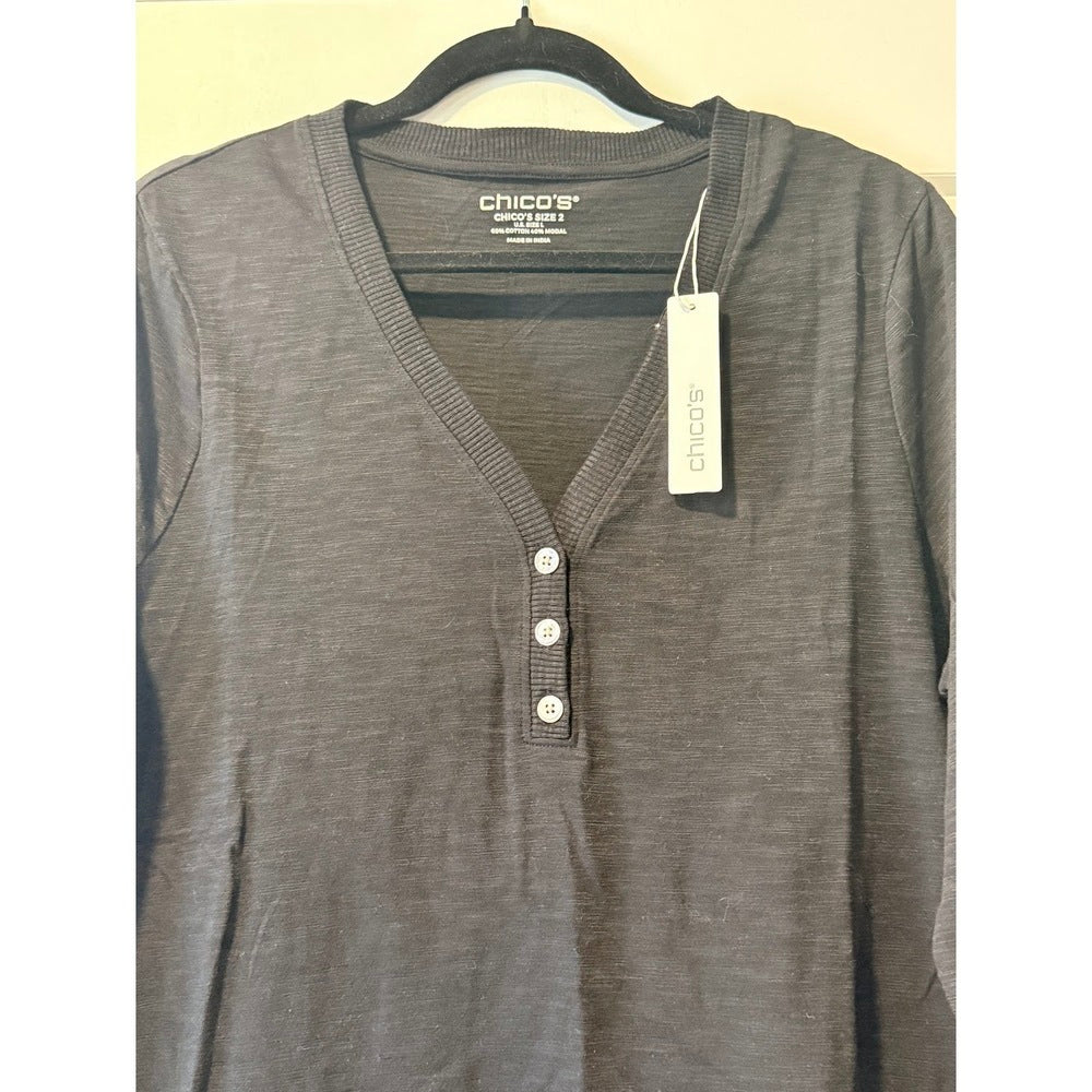 NWT Chico's 3/4 Sleeve Black V-Neck Henley Size 2 (Large)