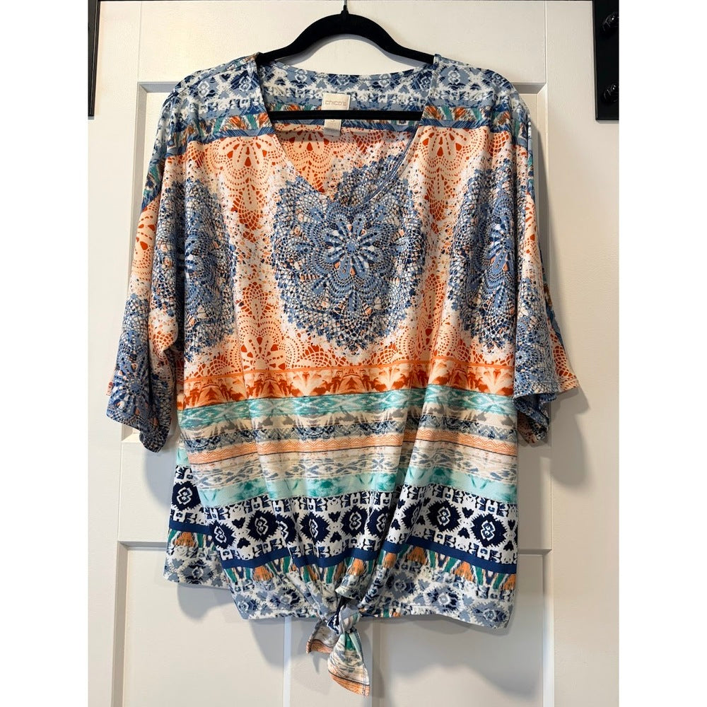 Chico's Knot-Front Abstract Short-Sleeve Blouse Ladies Sz 3 (X-Large)