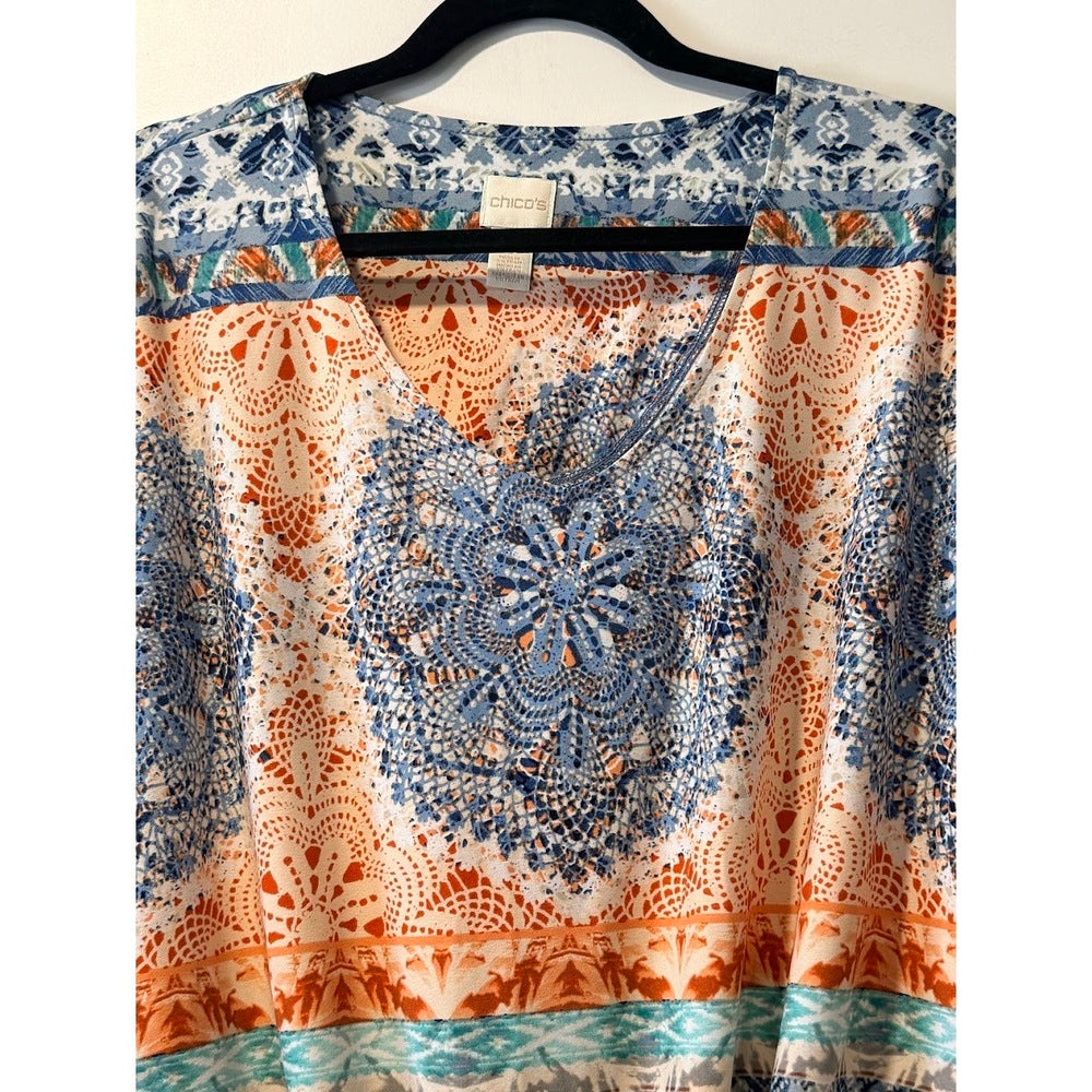 Chico's Knot-Front Abstract Short-Sleeve Blouse Ladies Sz 3 (X-Large)