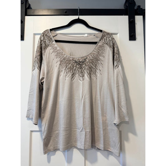 Chico's Decorative Beaded Knit Tee With Feather Design Ladies Size XL