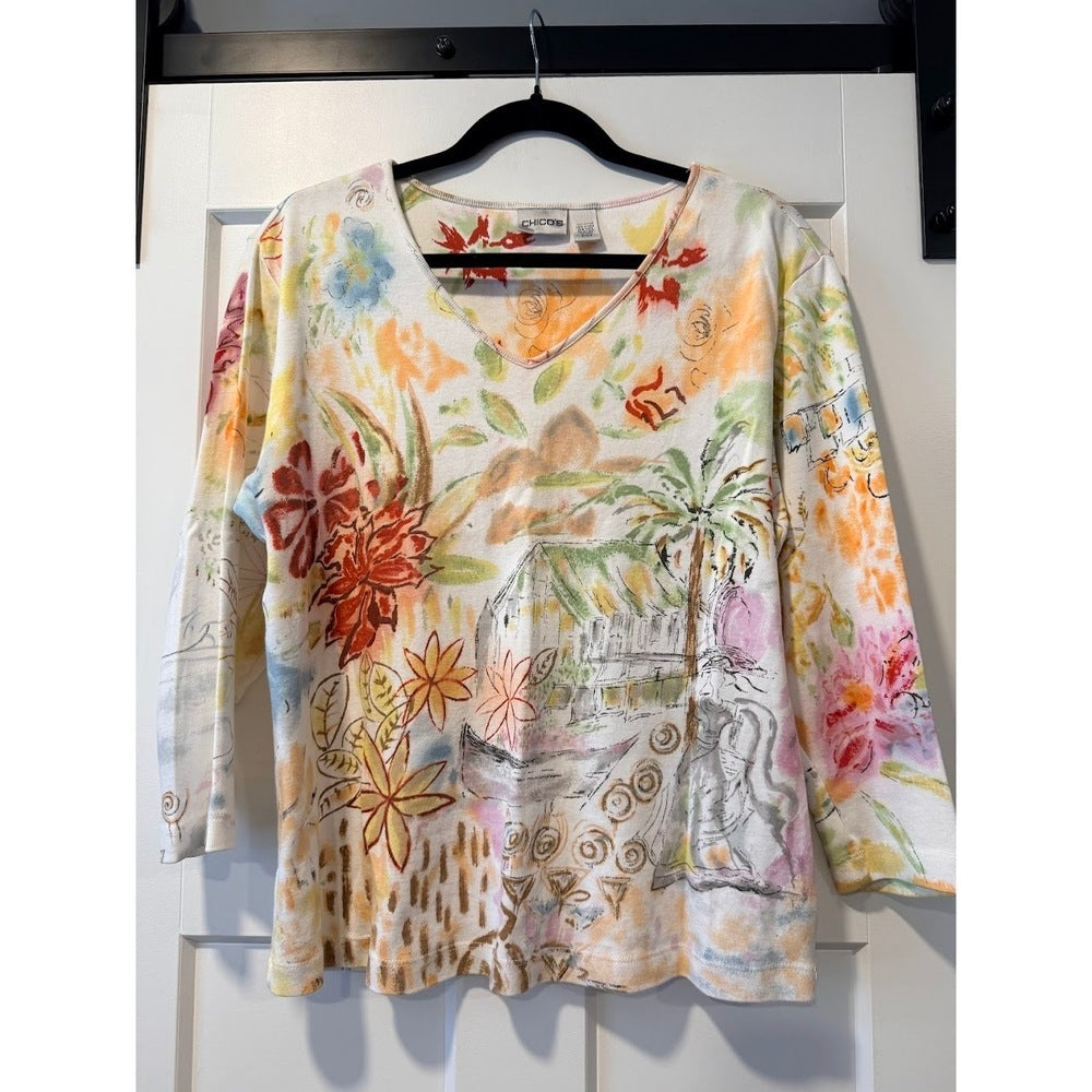 Chico's Floral Print Knit Blouse Ladies Size 2 (Large)