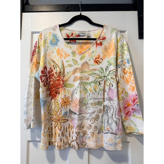 Chico's Floral Print Knit Blouse Ladies Size 2 (Large)