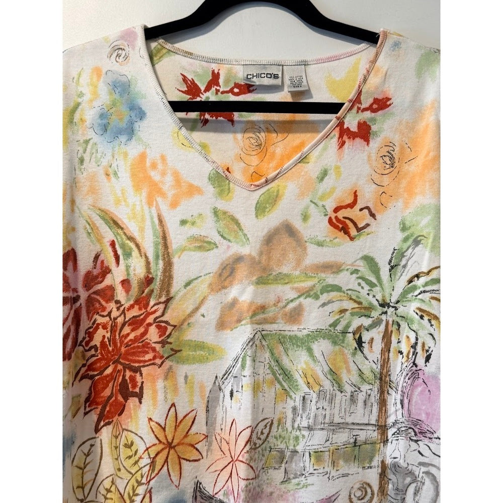 Chico's Floral Print Knit Blouse Ladies Size 2 (Large)