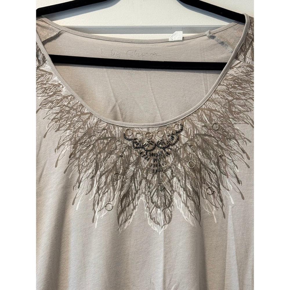 Chico's Decorative Beaded Knit Tee With Feather Design Ladies Size XL