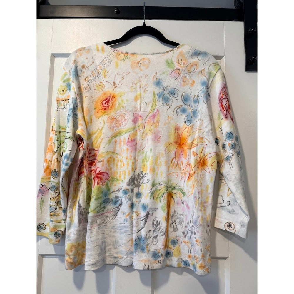 Chico's Floral Print Knit Blouse Ladies Size 2 (Large)