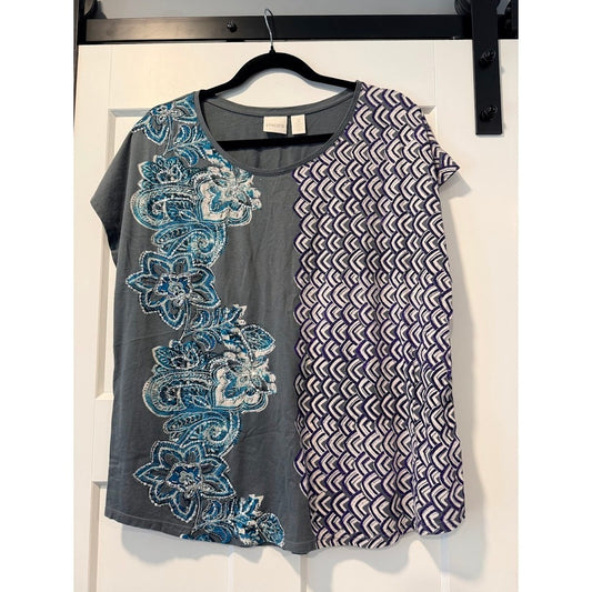 Chico's Embellished Gray Tee With Beads and Floral Pattern Ladies XL