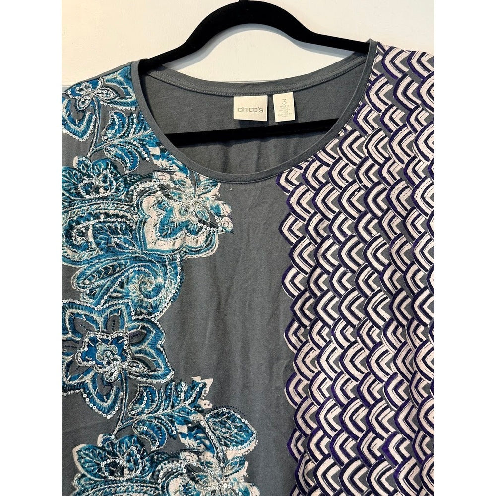 Chico's Embellished Gray Tee With Beads and Floral Pattern Ladies XL