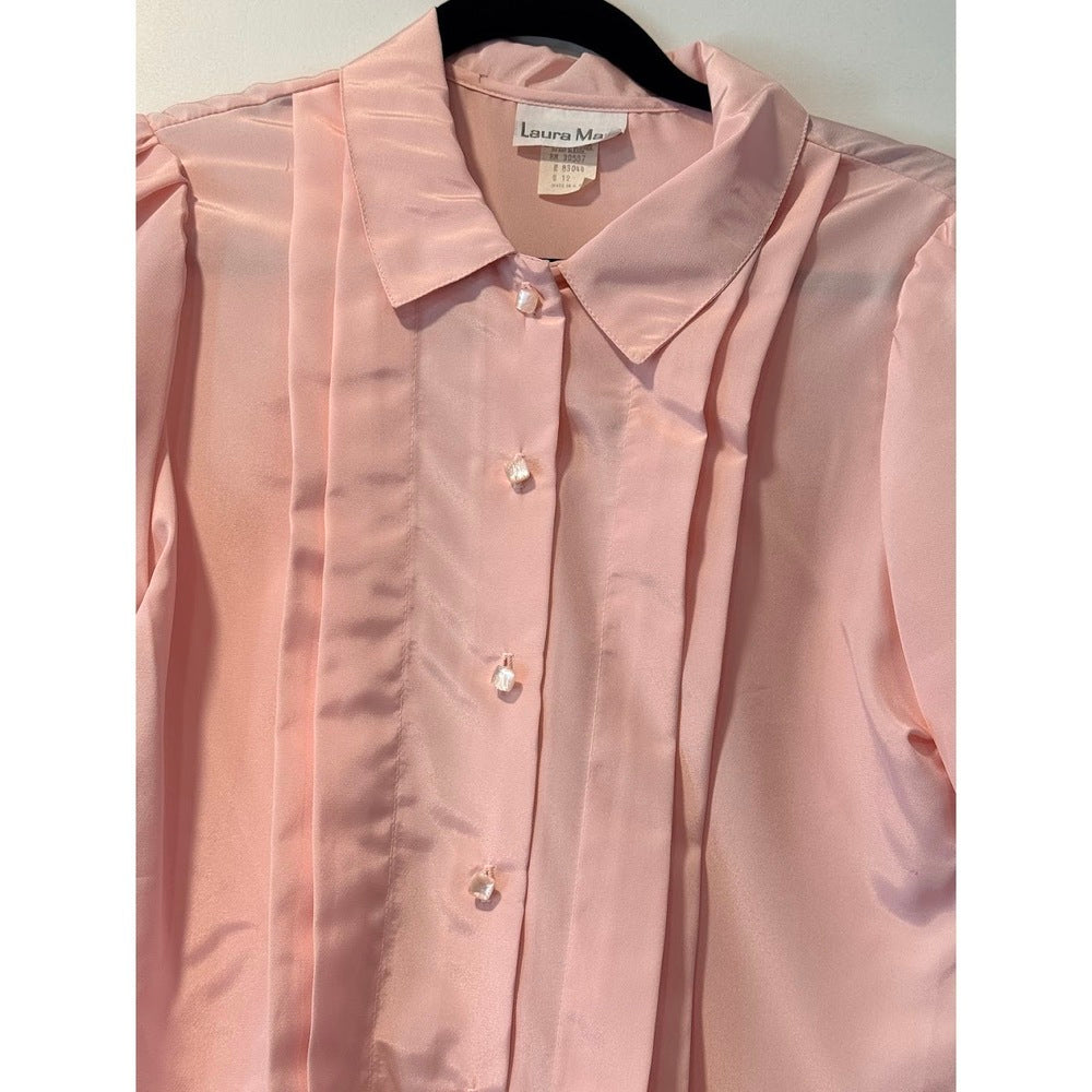 Vintage Laura Mae Short Sleeve Pastel Pink Pleated Blouse Ladies Sz 12