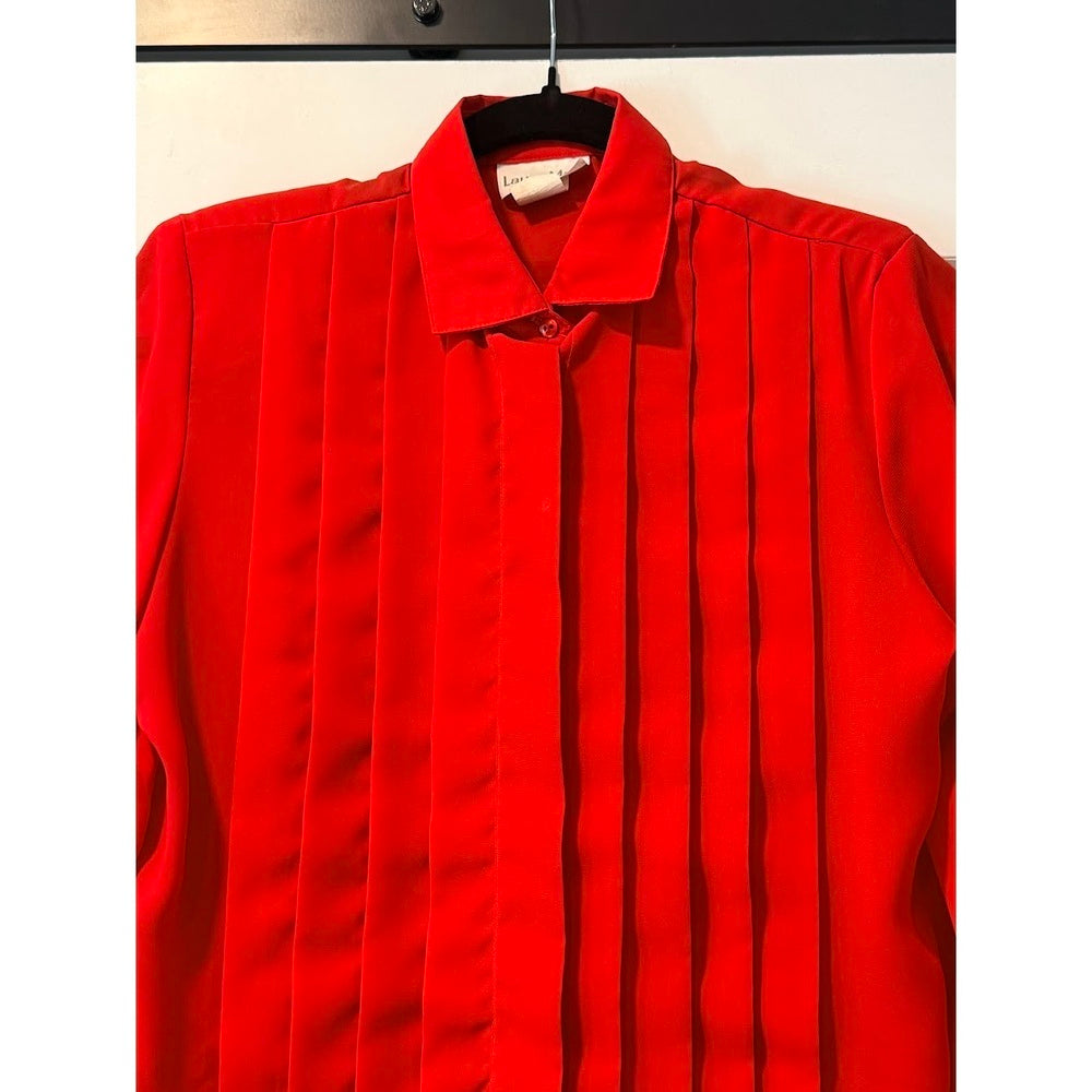 Vintage Laura Mae Red Button-Front Pleated Blouse Ladies Size 12