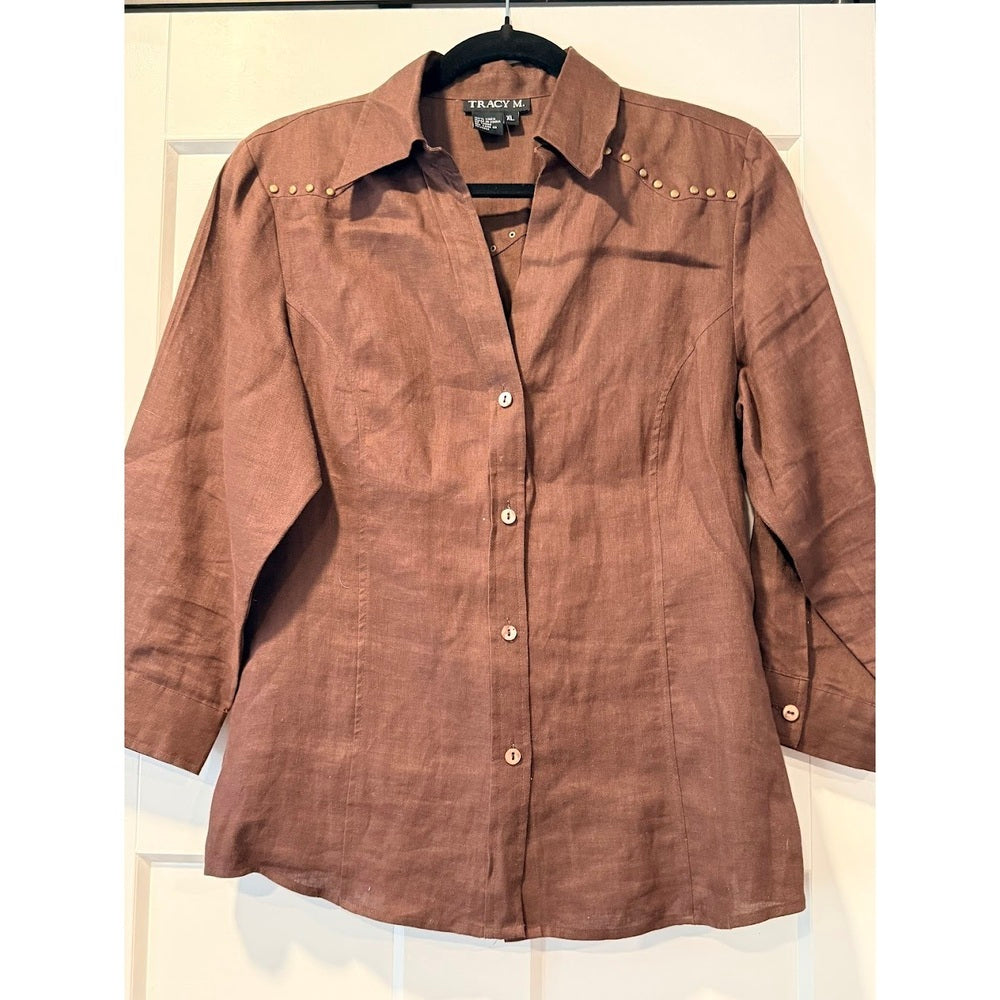 NWT Tracy M. Western-Style Brown Linen Button-Front Shirt Ladies Sz XL