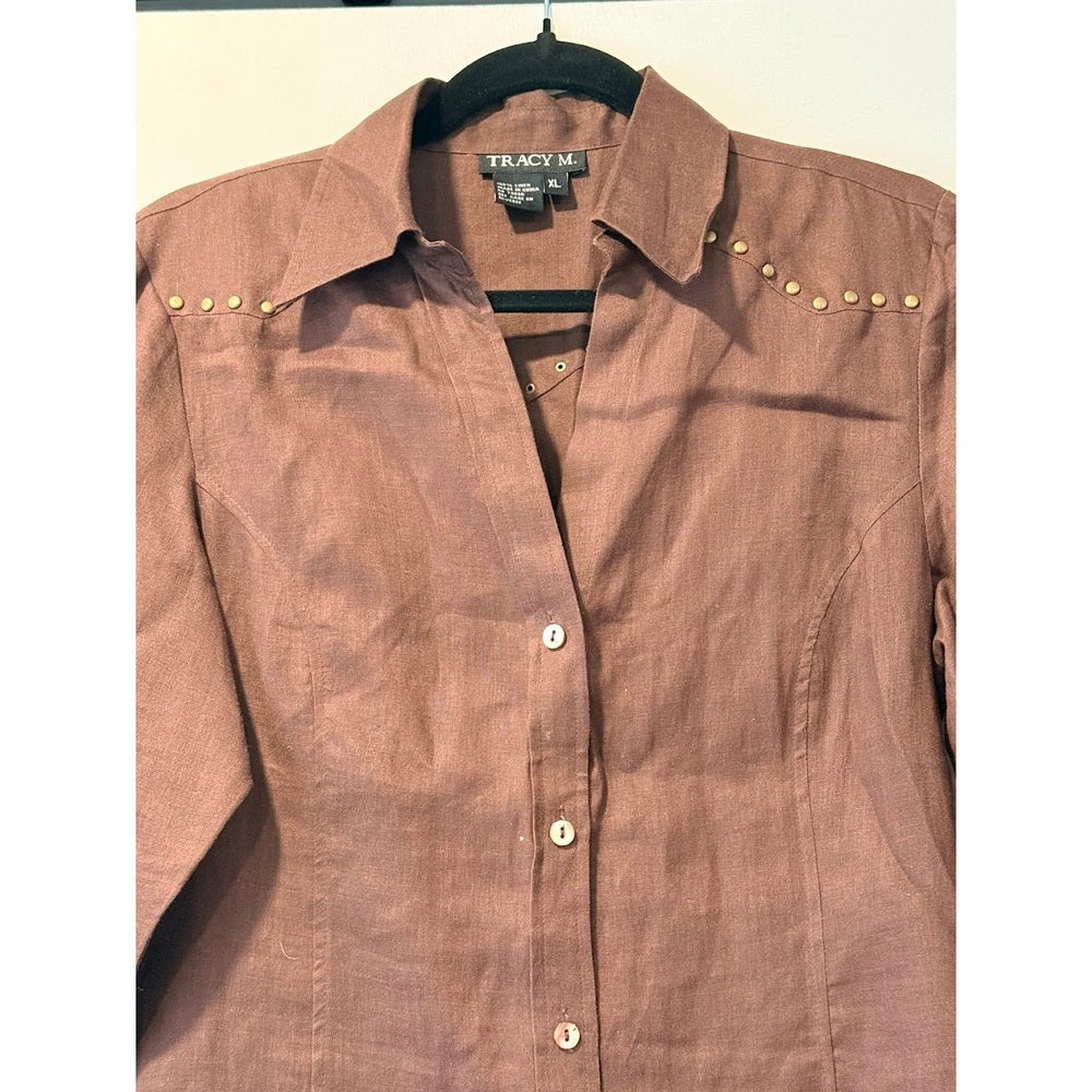 NWT Tracy M. Western-Style Brown Linen Button-Front Shirt Ladies Sz XL